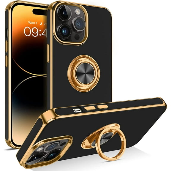 iPhone 14 Pro Max Case,iPhone 14 Pro Max Phone Case, Slim Fit 360° Ring Holder Kickstand Magnetic Car Mount Supported Shockproof Protective Cover for Apple iPhone 14 Pro Amx 6.7", Black/Golden