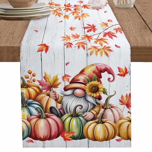 nqOlkjepod Orange Pumpkins Fall Table Runner 108 Inches Long Farmhouse Dress Scarves, Gnomes Thanksgiving Maple Leaves Branches Dining Tablerunner for Coffee Table/Kitchen Island/Party, 13"x108"