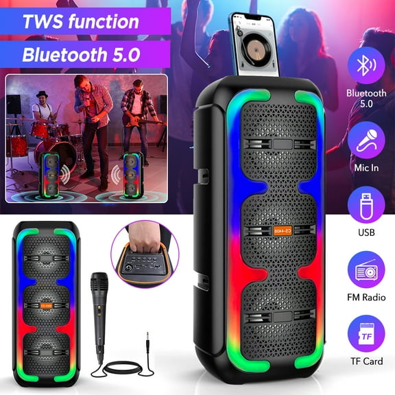 Portable Bluetooth Party Speaker, handheld Dual 4‘’ Speakers Party Stereo Subwoofer RGB Lights Karaoke Heavy Bass with Mic (Optional) for TWS/U Disk/TF