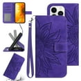 thumbnail image 1 of Feishell Slim Wallet Case for iPhone 13 Pro,for Men Women,Sunflower Embossed Pattern PU Leather Flip Cover Magnetic Closure Folio Card Slots Kickstand Phone Case with Hand Strap,Darkpurple, 1 of 10
