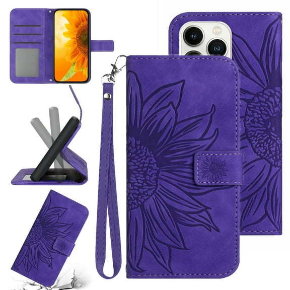Feishell Slim Wallet Case for iPhone 13 Pro,for Men Women,Sunflower Embossed Pattern PU Leather Flip Cover Magnetic Closure Folio Card Slots Kickstand Phone Case with Hand Strap,Darkpurple