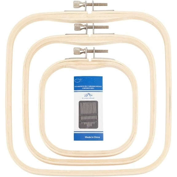 3 Pcs 3 Sizes Square Embroidery Hoop Set with 12 Pcs Iron Needle Wood Stitch Hoop Rectangular Embroidery Frame Adjustable Stitch Hoops for Sewing Needlework DIY Craft diy