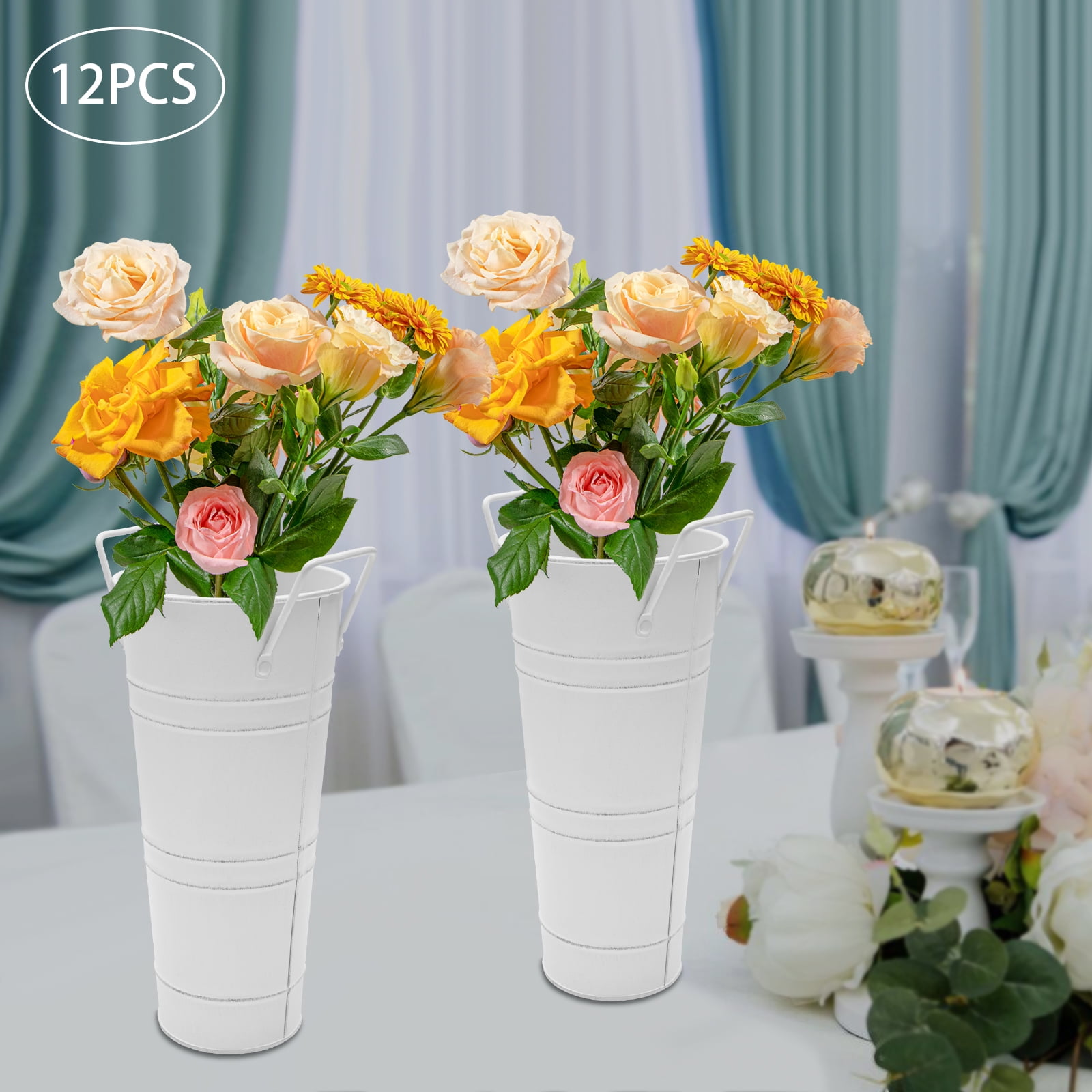 ChicHomey 12 Pcs 9Inch  White Galvanized Metal Flower Buckets,with Handles Stackable Cylindrical Flower Storage Pots for Flowers, Plants & Umbrella Storage​