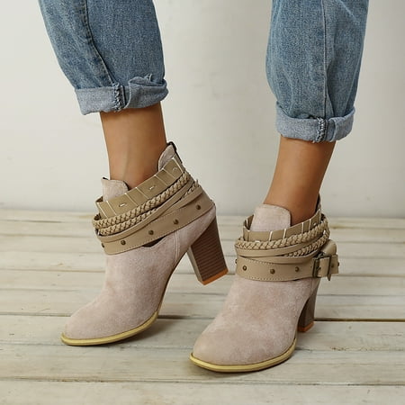

Tejiojio Clearance Women Ankle Bare Boots Solid Round Shoes High Heel Causal Short Rube Booties