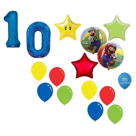 Super Mario Brothers Mario Luigi #10 10th 15 Piece Power Star Happy Birthday Decorations Balloons Set