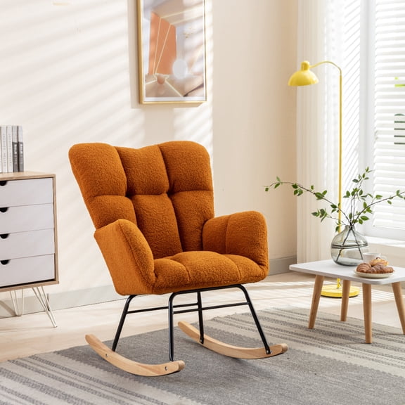 Oufan Leisure Rocking Chair With Upholstered, Teddy Fabric Nursery Rocking Chair with High Backrest & Solid Wood Frame for Living Room, Bedroom
