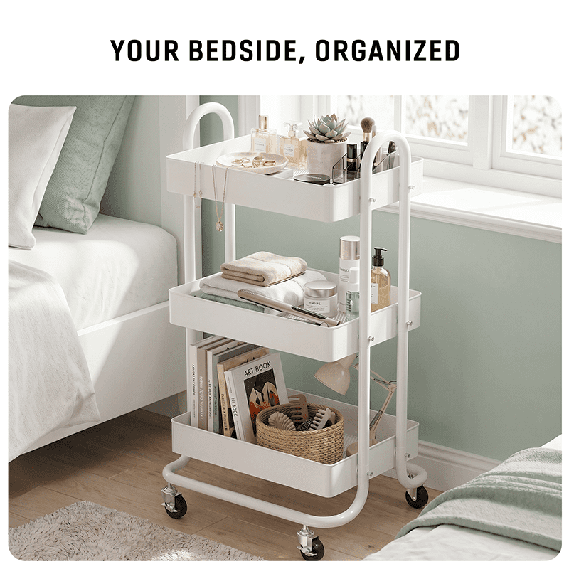 Fenbeli 3-Tier Metal Rolling Utility Cart with Wheels, White, 18"L x 13.4"W x 31"H