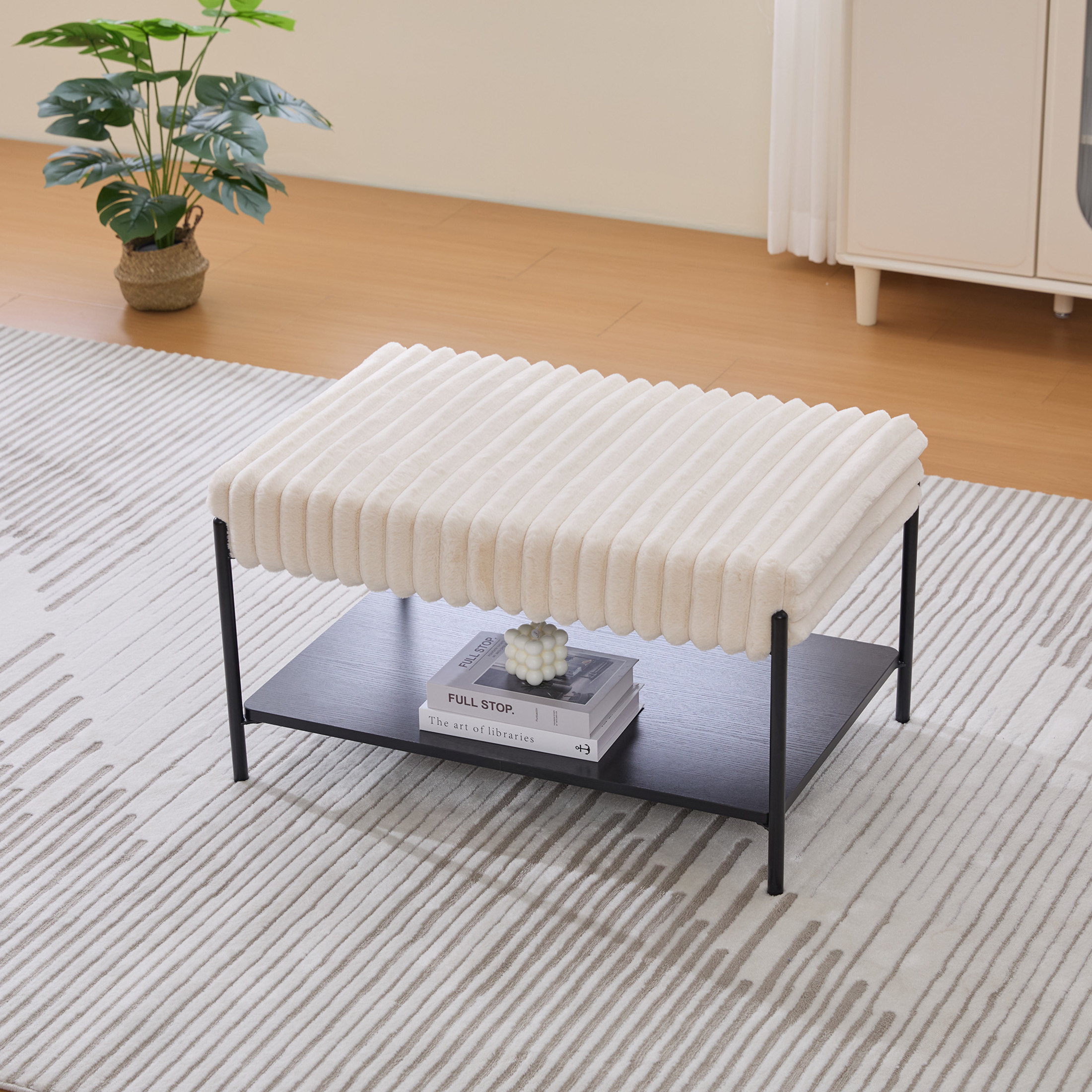 Noble House Belden 30.7" Faux Fur Ottoman Coffee Table, Foot Rest with Black Metal Legs & Open Storage Shelf, Beige