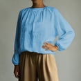 thumbnail image 3 of Juslio Women Crew Neck Ruched Tops Solid Color Comfortable Loose Light Blue Long Sleeve Shirts, 3 of 8