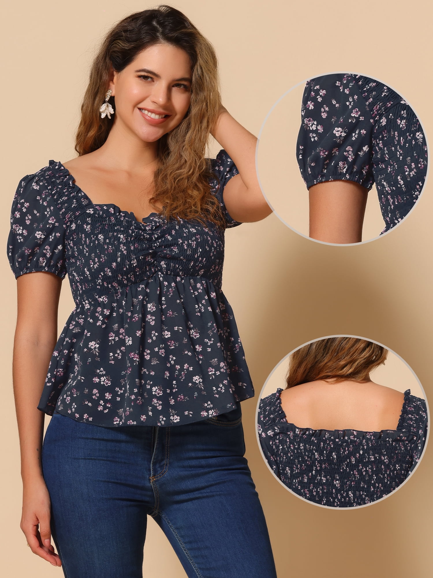 DARING DIVA Women's Floral Neck Ruffle Peasant Top Blouse XS Dark Blue