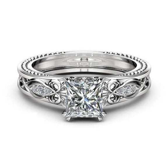HeartsAndYou 2ct Princess Cut Moissanite Engagement Ring for Women 18k White Gold over Silver Milgrain Art Deco