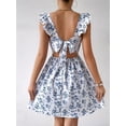 thumbnail image 4 of Women Floral Mini Dress Square Neck Ruffle Shoulder Back Tie A Line Sundress Blue & White. L, 4 of 9