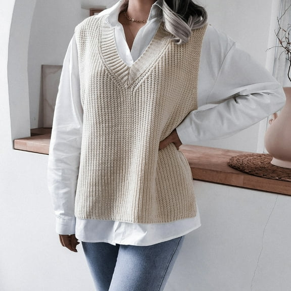 Sanbonepd Womens Sweaters V-neck Sleeveless Loose Chunky Knitted Pullover Solid Color Sweater Vest