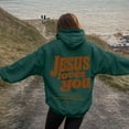 thumbnail image 2 of zaveiop Jesus Loves You Hoodie Womens Christian Sweatshirt Christian Hoodies Oversized Jesus Sweatshirt Long Sleeve Pullover (Dark Green, L), 2 of 4