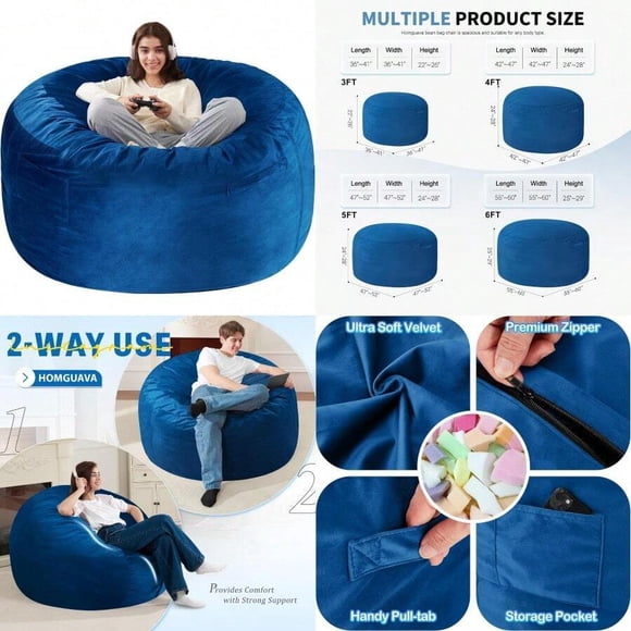 Homguava 3FT Bean Bags: 3' Bean Bag Chair With Memory Foam Filled Large Beag Chairs Round Bean Bag Sofa With Dutch Velet Cover-Blue