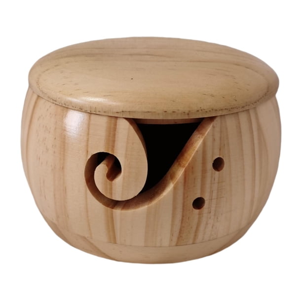 Cuenco de madera para guardar hilo con agujeros tallados y gancho para taladros. Almacenamiento de lana para tejer. Madera de pino con tapa