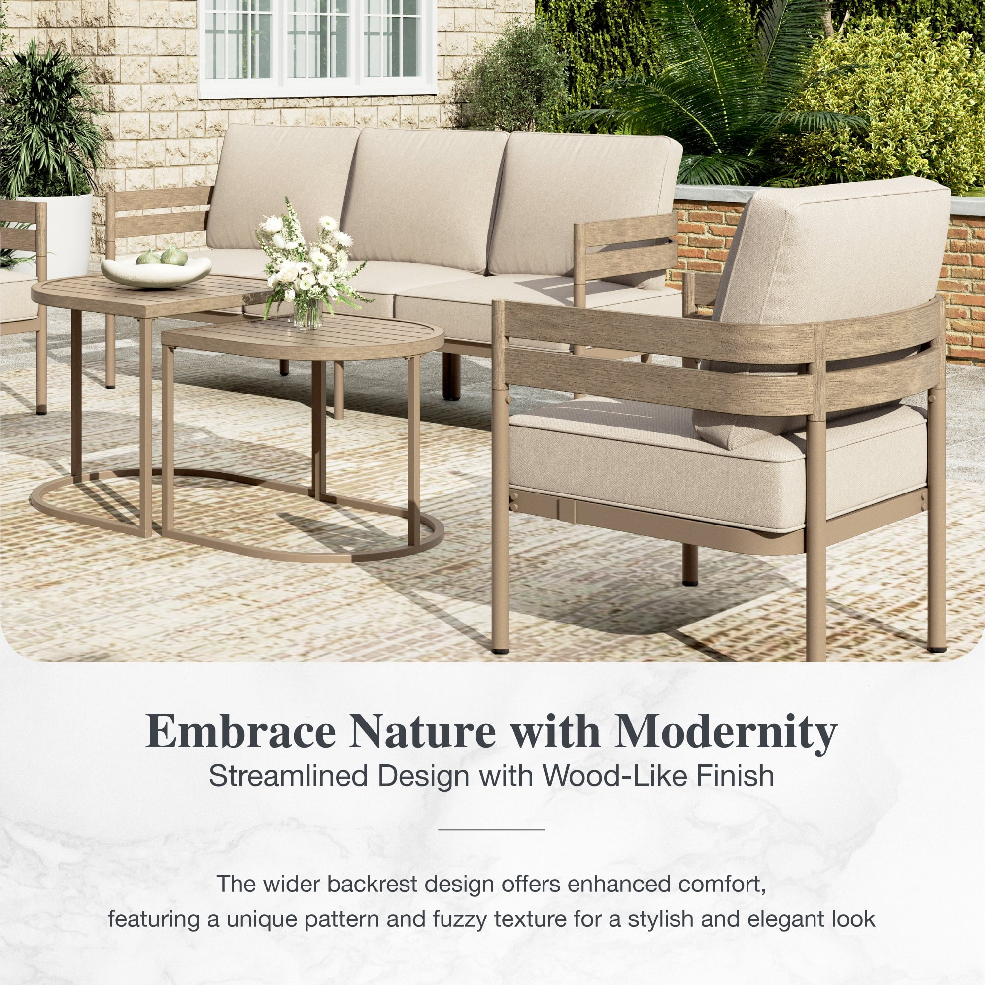 Sophia & William 5 Seat Patio Outdoor Furniture Set Wooden-like Streamlined Conversation Set with Swivel Chairs & Combined Coffee Table, Beige