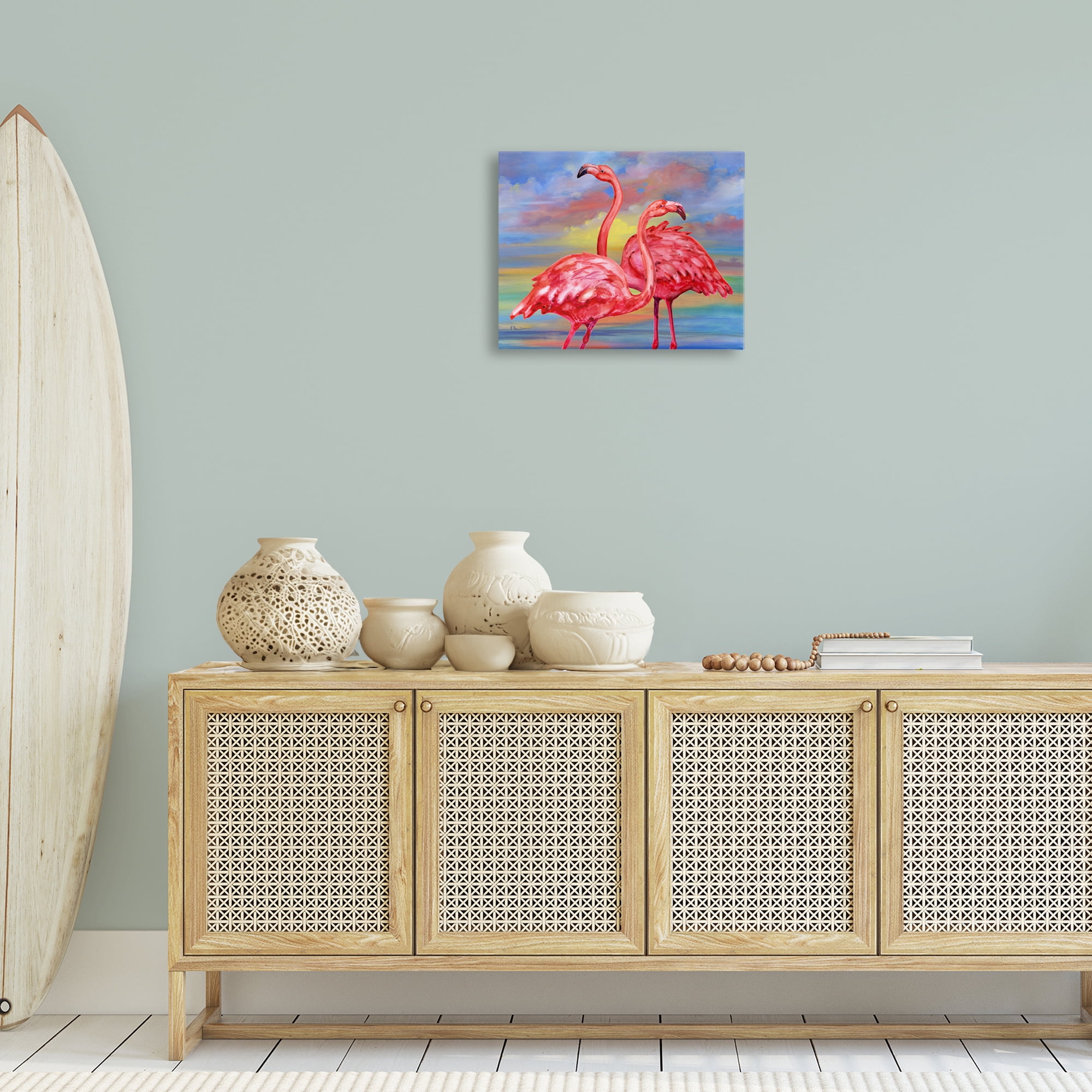 Stupell Industries Rainbow Sunset Flamingos Animals & Insects Painting Gallery Wrapped Canvas Art Print Wall Art, 20 x 16