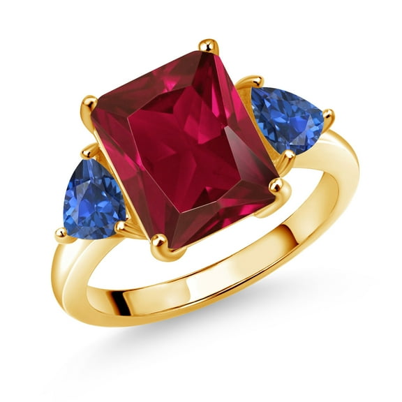 Gem Stone King 18K Yellow Gold Plated Silver Red Created Ruby and Blue Created Sapphire 3 Stone Ring for Women (6.78 Cttw, Octagon 12X10MM, Trillion 5X5MM, Gemstone July Birthstone, Size 7)