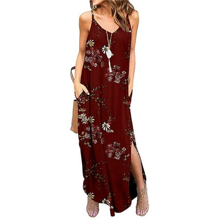 

Summer Sleeveless Strappy Cami Dress for Women Casual Floral Print Pajamas Nightgown Sleep Shirt Maxi Long Dress with Pockets