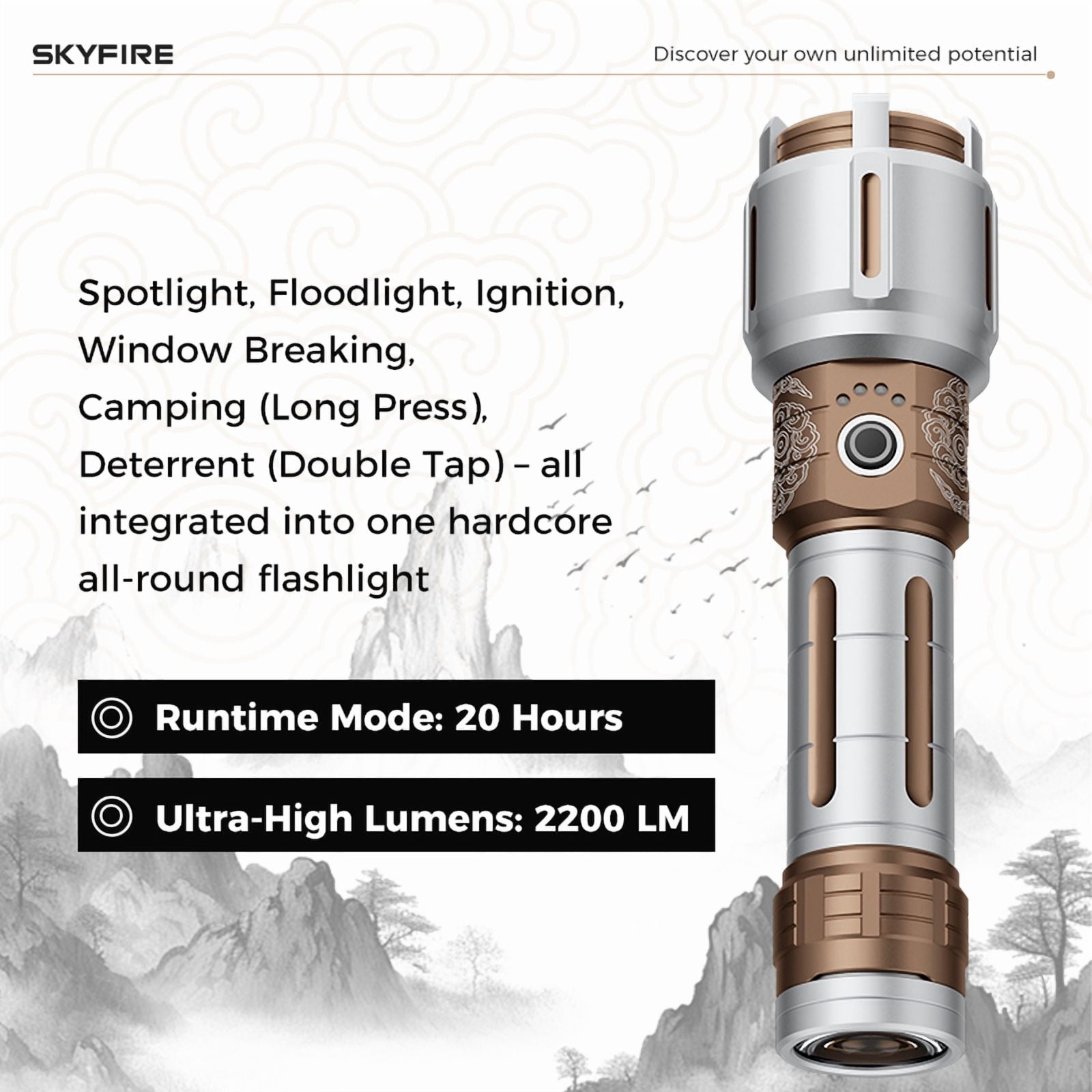 SKYFIRE New Model Flashlight - High Brightness - Rechargeable - Outdoor Flashlight - Extremely Bright, with five modes, equipped with a focusing lens and various complimentary items.