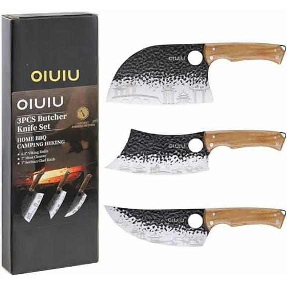3PCS Butcher Knife Set, 7" Butcher Meat Cleaver, 7" Serbian Chef Knife and 6.5" Viking Knife, Kitchen Knife Set with wood Handle, Great for Indoor & Outdoor (Unique Pattern)