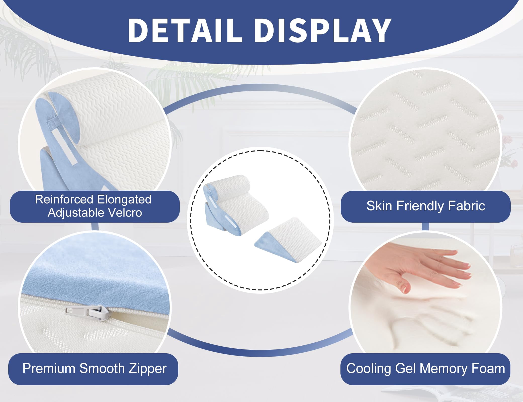 4pcs Wedge Pillow Set For Sleeping - Bed  Adjustable Memory Foam Support Sitting Up In White Blue
