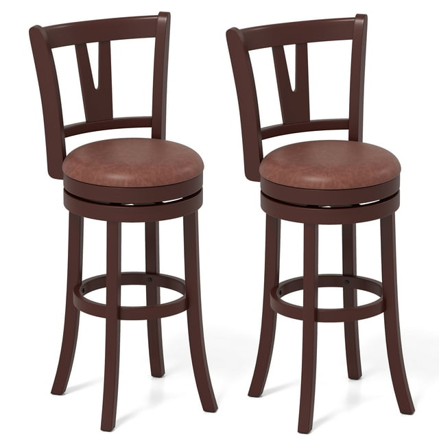 Gymax 30'' Bar Height Swivel Barstools Set of 2 High Backs & Footrests Solid Wood