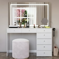 Boahaus Brielle Modern White Vanity Desk with Speakers, Mirror, Lights & Charging Station