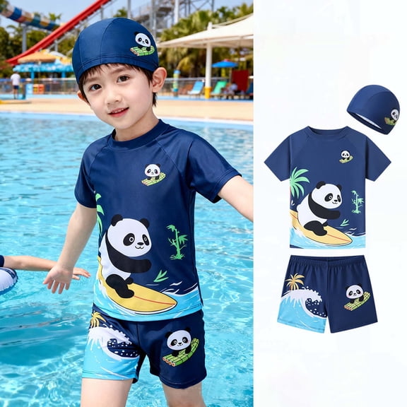 Boys Swimsuit Swim Trunks Cute Panda Surfing Design Tankinis 3 Piece Outfit with Rash Guard Beach Lightweight Kids Swimwear Blue 3-4 Y
