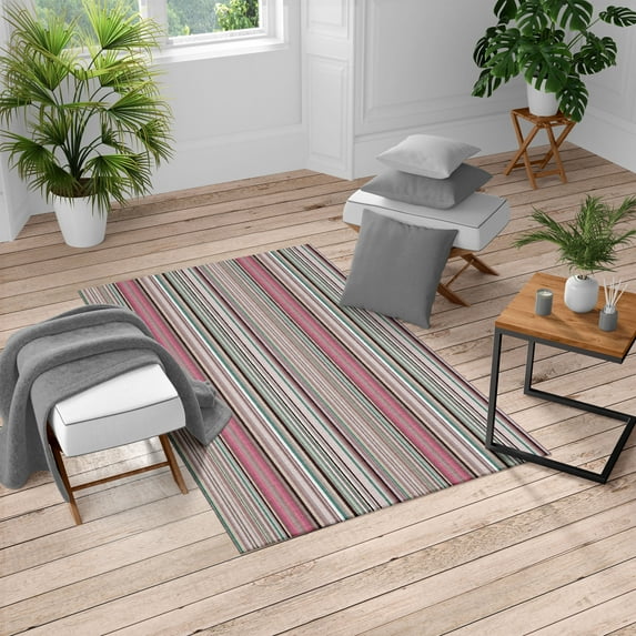 Striped Turkish Area Rug, Blue Purple Teal Aqua Lavender Colored Vertical Stripes Geometric Abstract Vintage, Carpet for Living Room Decor with Distressed Look, 5.2' X 7.6', Pale Pink, by Ambesonne