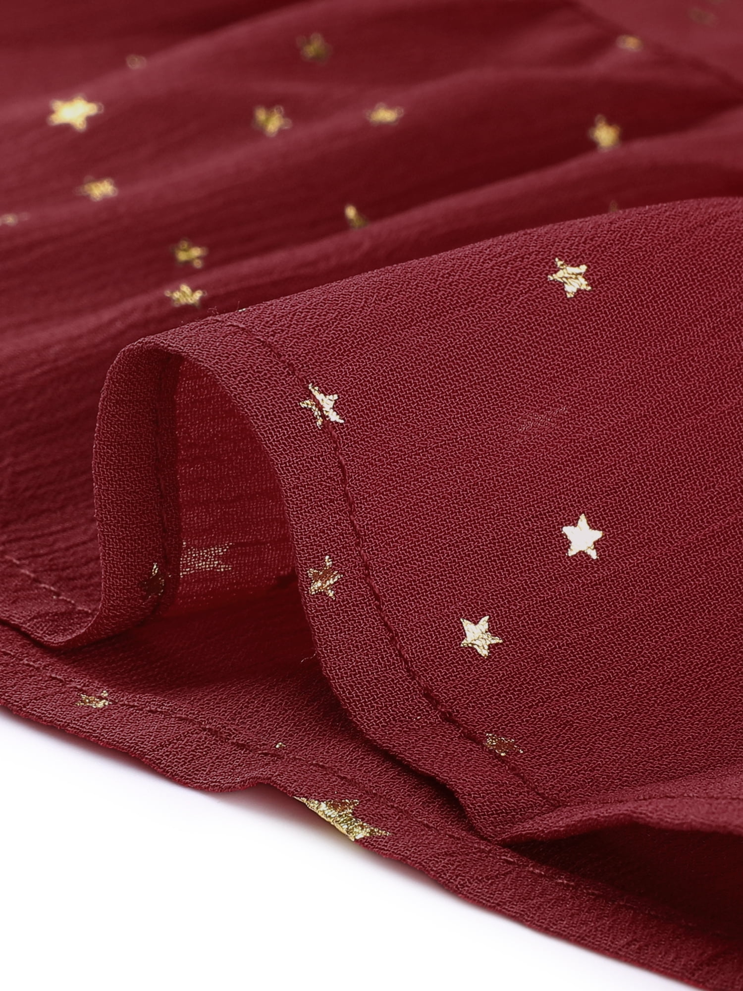 DARING DIVA Smocked Waist Gilding Metallic Stars Chiffon Dress XS Dark Red