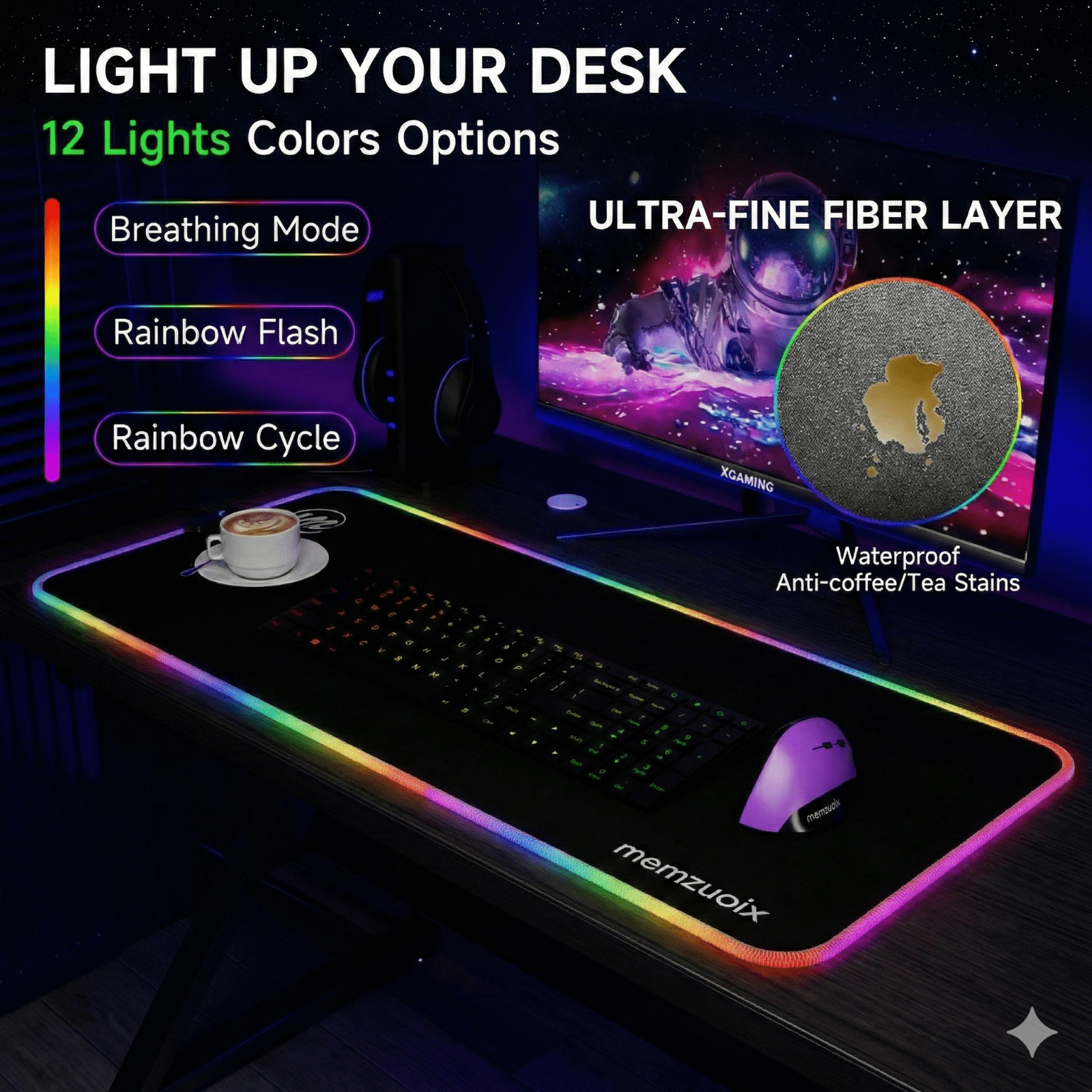 memzuoix LED Mouse pad 31.5×11.8 Inch, Large RGB Glow Gaming Mouse Pad for Computer, 12 Cool Lighting Modes, Anti-Slip Base, Waterproof, Stain Resistant, Desk Mouse pad for Wireless mouse, Black