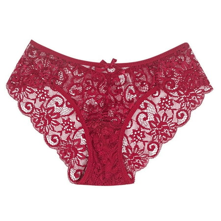 

HEVIRGO Women Underpants Solid Color Hollow Out Lace Bow-knot See-through Protective Thin Mid Waist Lady Briefs Women Accessory