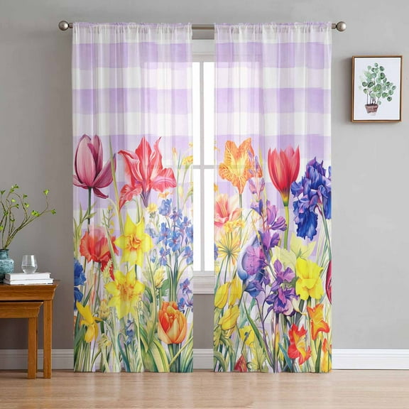 Purple Plaid Tulip Semi Sheer Curtains 96 Inch Length 2 Panels Set, Spring Floral Watercolor Botanical Sheer Kitchen Curtain Privacy Voile Window Curtain for Living Room Bedroom Rod Pocket Drapes
