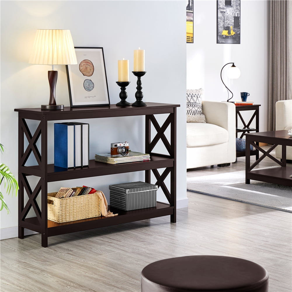 Topeakmart X Design 3 Shelves Wooden Console Table Sofa Side Table for Entryway Living Room, Espresso