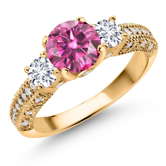 Gem Stone King 18K Yellow Gold Plated Silver Pink Moissanite White Lab Grown Diamond and White Moissanite Engagement Ring for Women (1.82 Cttw, Gemstone, Round 7MM and 4MM, Size 6)