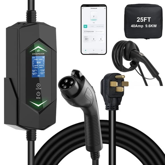 Cargador para vehículo eléctrico DREAMDASH 40A 9,6 kW WiFi, cable de 7,6 m, 240 V