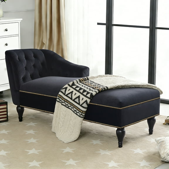 58" Upholstered Chaise Lounge with Left Armrest, Button Tufted Lounge Sofa with Storage, Indoor Velvet Lounge Chair with Solid Wood Legs for Bedroom, Living Room and Office, Black