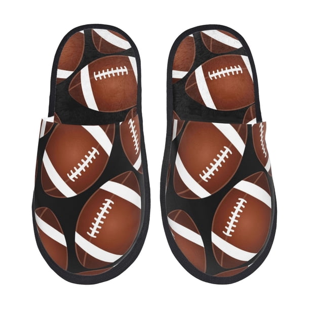 Fotbe Brown Football On Black Pantuflas Peludas para Mujer con Estampado, Zapatillas de Peluche, Zapatos de Invierno para Casa, Uso Interior y Exterior-Medium