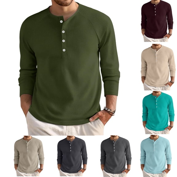 Dwelliawo Men's Waffle Henley Shirts Winter Fashion Lightweight Shirt Long Sleeve Button Waffle Henley T-Shirt Basic Stylish Pullover Shirt Army Green XL