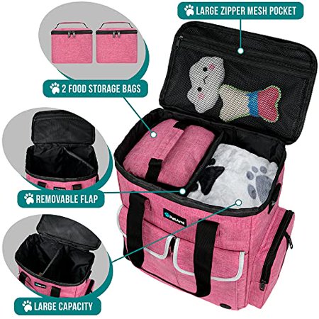 PetAmi Dog Travel Bag Pet Supplies Accessories Organizer, Pet Bag Set for Traveling Camping, Weekend, Dog Food Carrier Container with Collapsible Bowls, Airline Approved Kit, Cat Diaper Bag, Pink