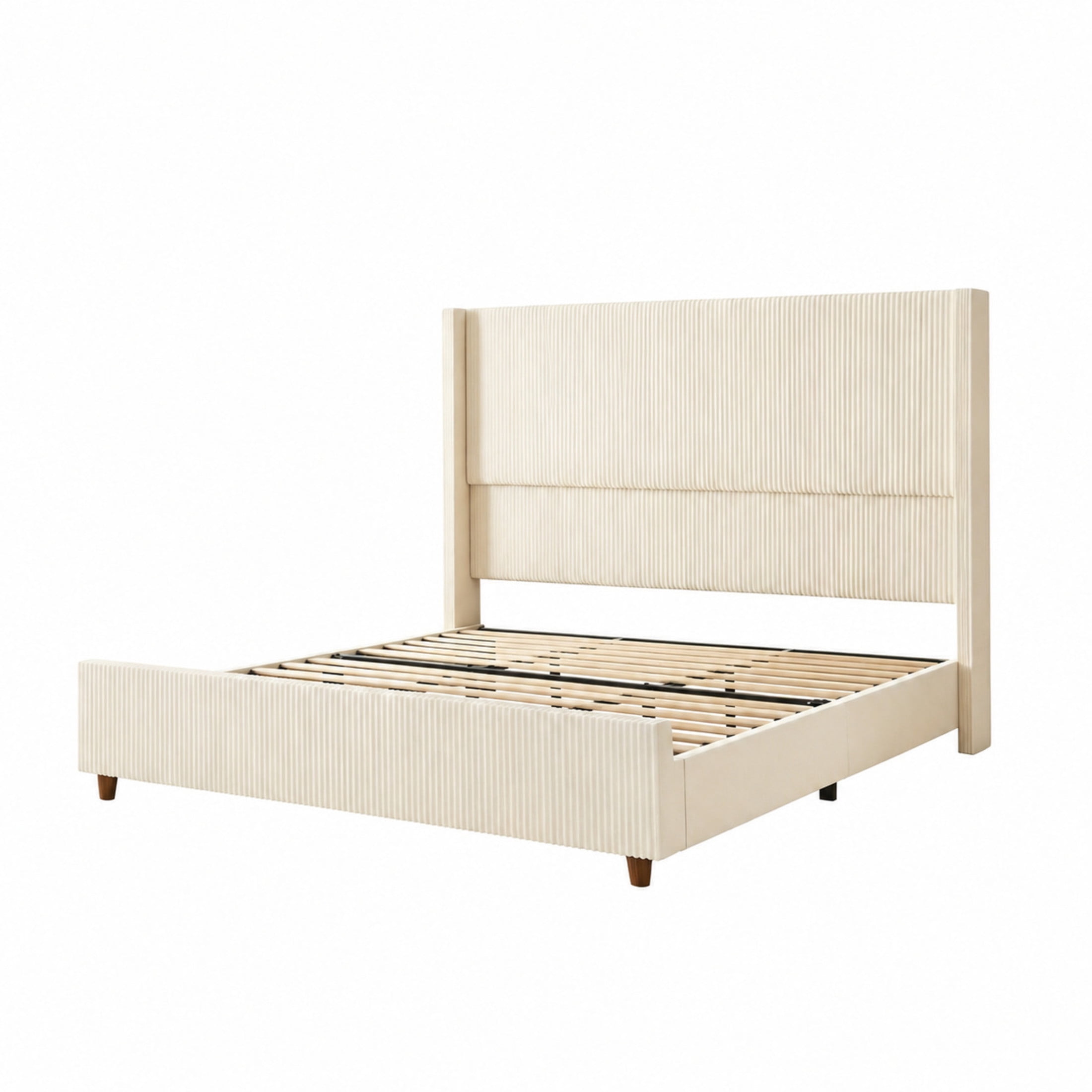 Noble House Abriele Full Size Corduroy Upholstered Wingback Bed Frame with Solid Wood Legs & Center Support, Beige