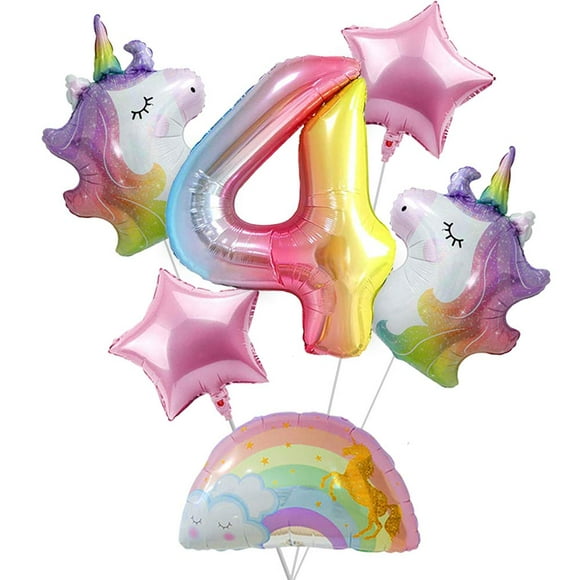 Unicorn Birthday Decorations for girls 4th Birthday- Bouquet of Unicorn Balloons for Rainbow Unicorn Party Supplies (Number 4)