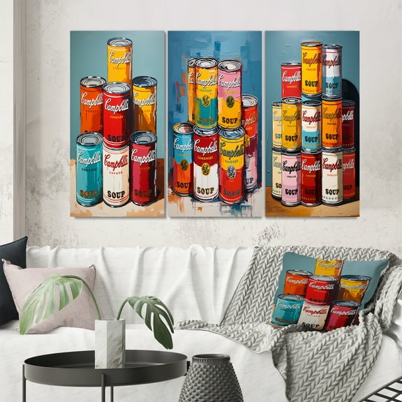 Designart "Campbells Soup Pop Art wall art III" Modern Wall Art Set Of 3 - Multi-Color Pop Art Canvas Set For Living Room Decor