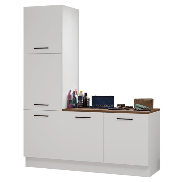 Madesa Ensemble d'Armoires de Rangement de Garage 70 Po L avec 5 Portes, Compartiments Multiples, Organisation Modulaire, Garde-Manger, Armoire de Base, Placard Mural - Blanc