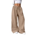 thumbnail image 3 of Women Drawstring Striped Pants Loose Wide Leg Trousers Casual Low Waist Pants Comfy Lounge Pants Khaki Blue Stripe S, 3 of 10