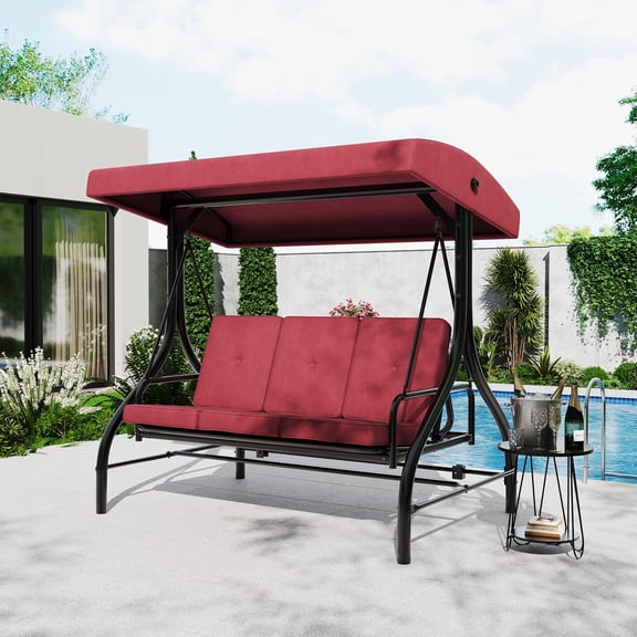 3 Seat Outdoor Porch Swing with Stand, Thick Soft Cushion & Adjustable Removable Canopy, 2-in-1 Convertible Design, for Backyard Garden Patio Poolside -Red