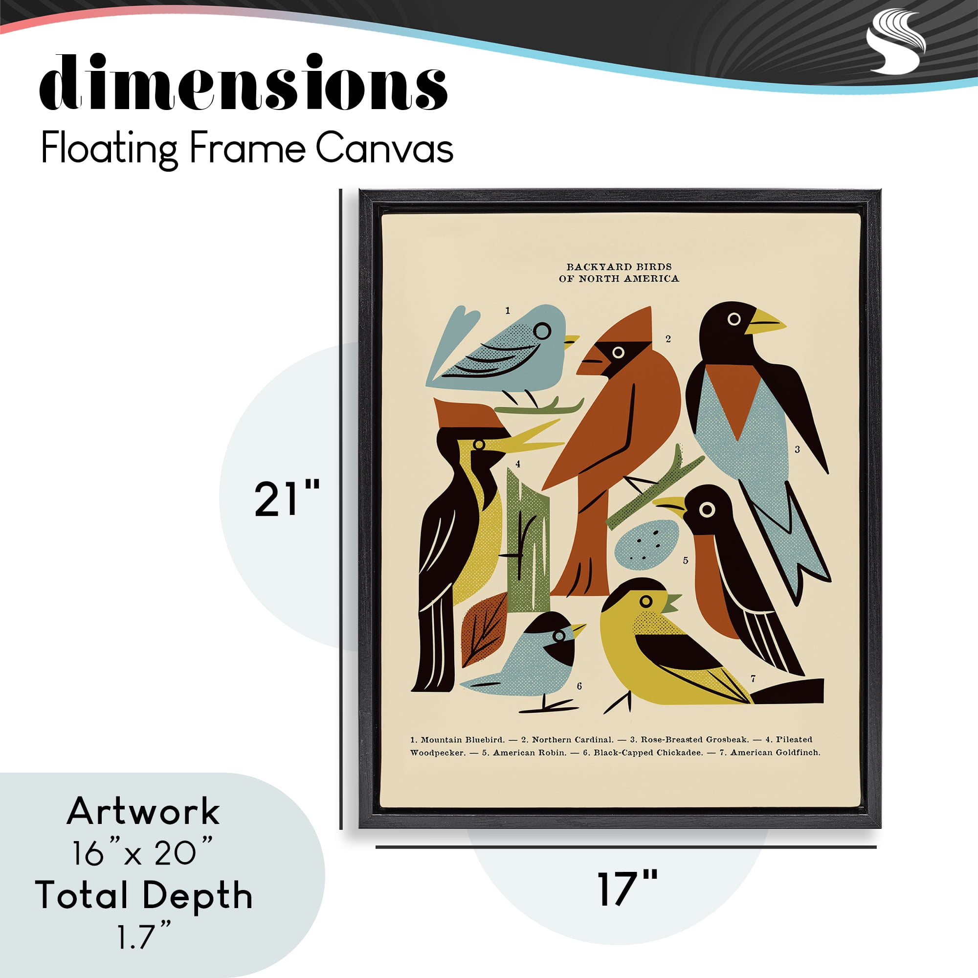 Backyard Birds Midcentury Modern Black Framed Floater Canvas Wall Art, design by Renea L. Thull
