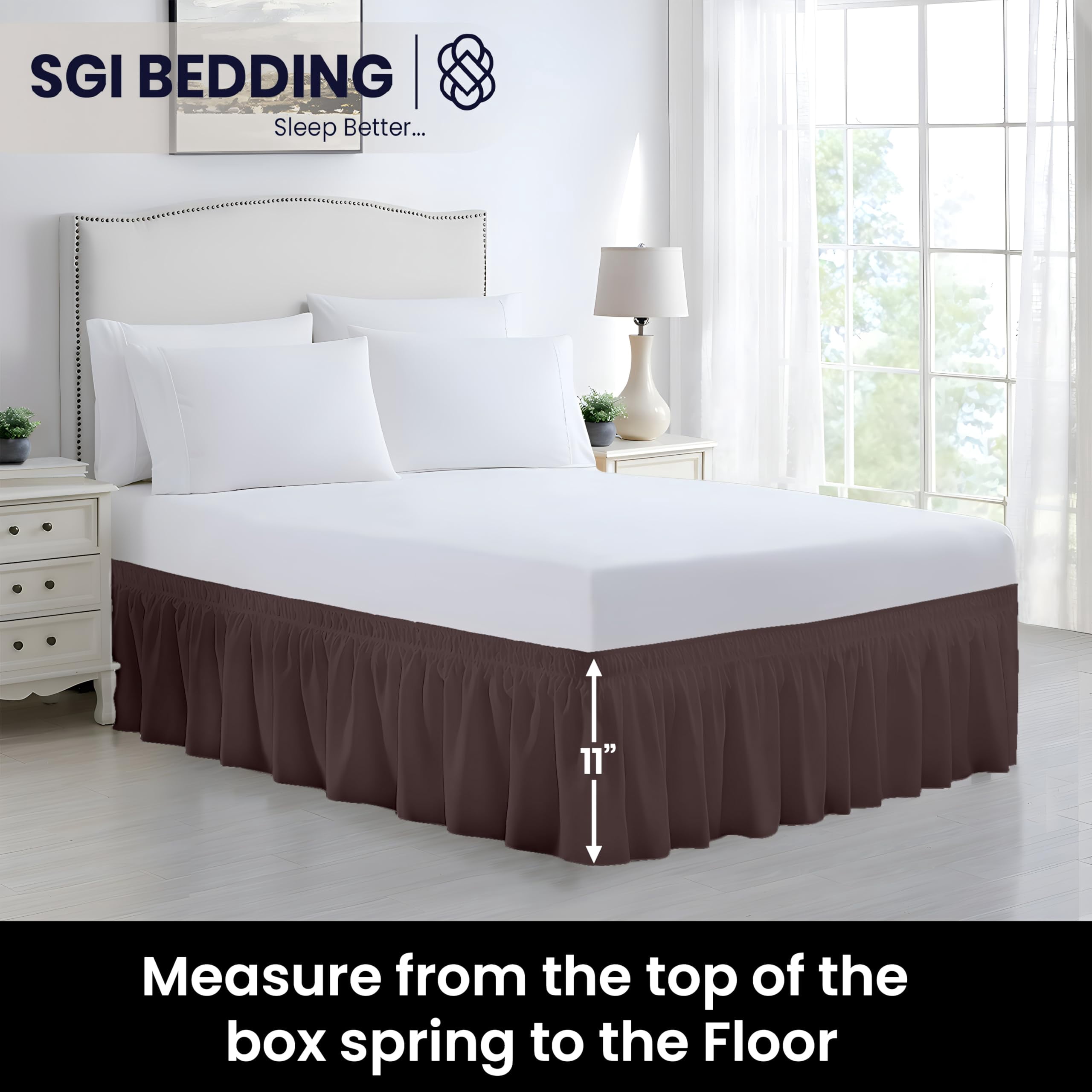 SGI bedding 11 inch Drop Wraparound Bed Skirt Full Size - No Lifting Required, Adjustable Easy Fit Elastic Strap, Classic Gathered Styling Dust Ruffle, Fade Resistant -Chocolate